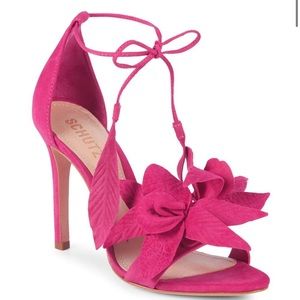Schutz Thainy Bright Rose Pink Suede Stiletto Sandals Floral Appliques Tie Up